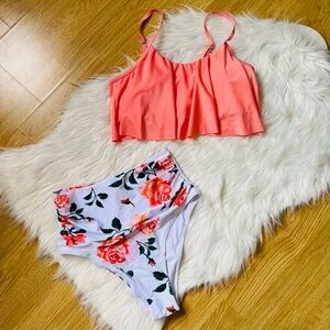 PHURRO | Ruffle High Waisted Floral Print Two Piece Bikini Set Size Medium